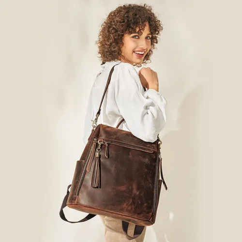 Vista 5 de S-ZONE Mochila vintage de cuero genuino para mujer con bolso de mano, Classic