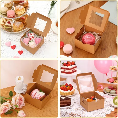 Vista 6 de Moretoes 24 cajas de panadería con ventana, 4 x 4 x 2.5 pulgadas, cajas de galletas marrones para pasteles pequeños, galletas y postres