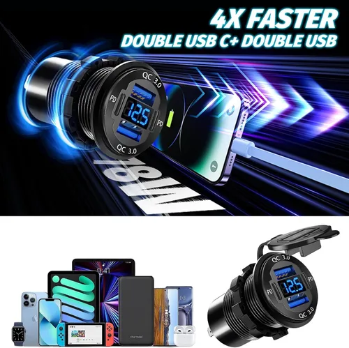 Vista 4 de Cargador USB 12V mejorado con 4 puertos - Toma de corriente para coche de aleación de aluminio con voltímetro LED para coches, carritos de golf