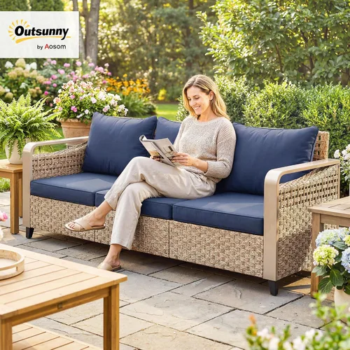 Vista 2 de Outsunny Sofá de patio al aire libre Asiento profundo ancho 3 plazas mimbre Azul