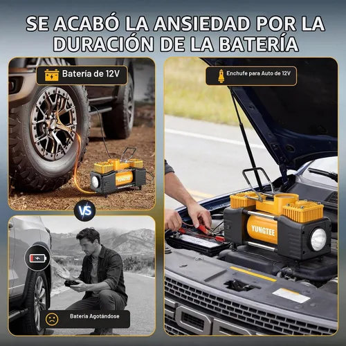 Vista 5 de YUNGTEE Inflador de neumáticos portátil, compresor de aire de doble cilindro de 12 V 150 PSI Luz de emergencia LED, manguera de extensión de 11