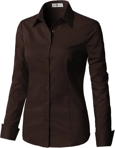 Vista 3 de Doublju - Camisas para mujer, elásticas de ajuste entallado, de algodón con botones, talla grande