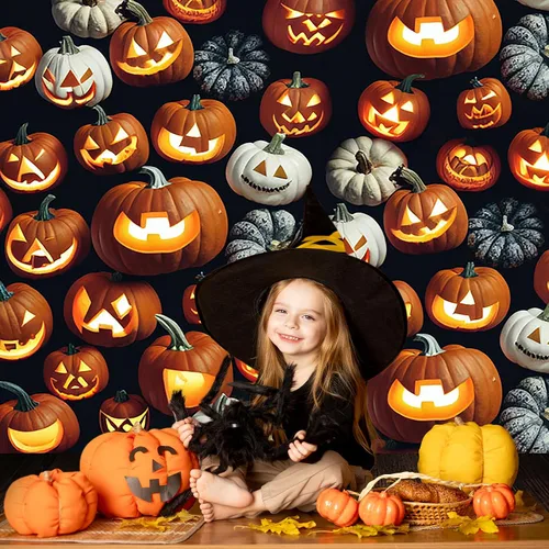 Vista 2 de Avezano Telón de fondo para fotografía de Halloween, faroles de calabaza aterradores, tablero de madera, telón de fondo de Halloween, retrato