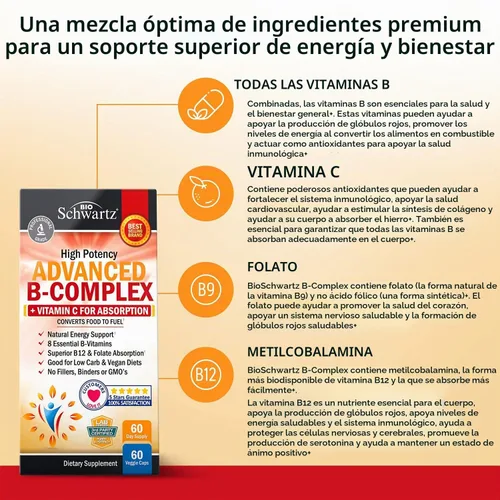 Vista 4 de Complejo de vitamina B con vitamina C para una máxima absorción – Metilcobalamina b12 y folato ácido fólico suplemento – Vitaminas B1 B2 B3 B5 B6 B7