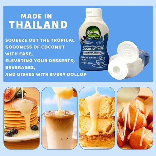 Vista 4 de Nature's Charm - Leche de coco condensada endulzada, botella para apretar, sin lácteos y soja, vegana, sin lactosa, sin gluten. Rico sabor a coco