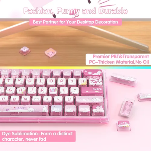 Vista 3 de Juego de teclas PBT de 120 teclas con perfil ASA con capa de PC translúcida Rosa