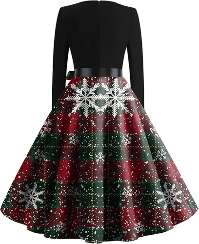 Vista 2 de Vestidos de Navidad 2023 para mujer, vestido de cóctel de los años 50, vestido de encaje con estampado de renos de copo de nieve, vestido de fiesta