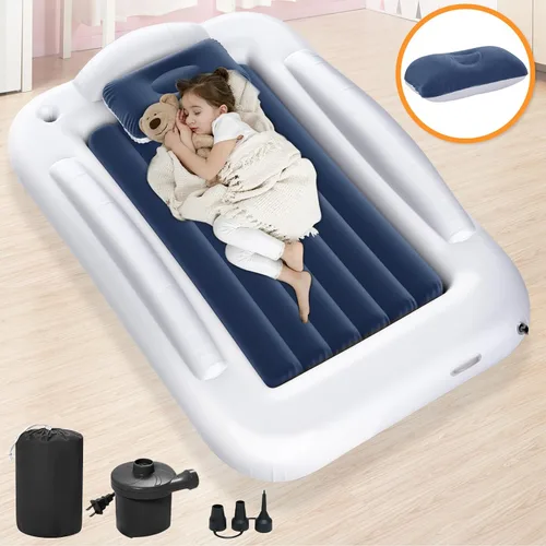 Vista 15 de Cama de viaje inflable para niños pequeños - Cama de viaje portátil para niños con lados de seguridad, juego completo de colchón de aire para niños