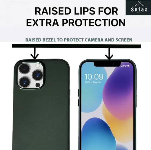 Vista 5 de [Usado] Funda de cuero para iPhone 13 Pro Max, compatible con MagSafe, cuero de grano completo, funda delgada con botones metálicos, color verde