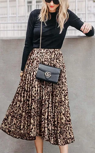 Vista 2 de Falda de mujer con estampado de leopardo, faldas largas fruncidas de cintura alta, faldas acampanadas