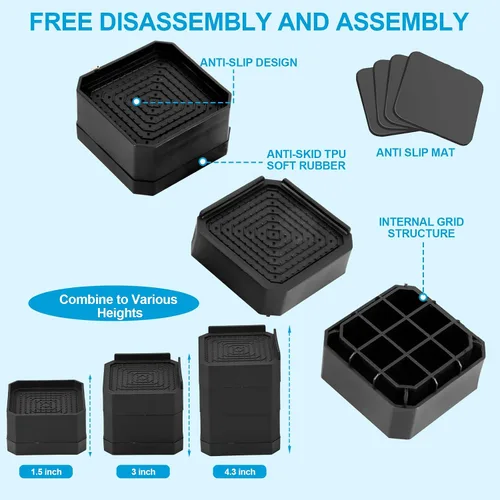 Vista 5 de Elevadores de muebles resistentes, elevadores de cama apilables, bloques de elevación de cama ajustables, elevación en alturas de 3 pulgadas