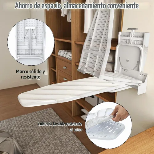 Vista 6 de MYOYAY Tabla de planchar montada en la pared de 12 x 37 pulgadas, ahorro de espacio, tabla de planchar plegable de 180° con cubierta resistente al