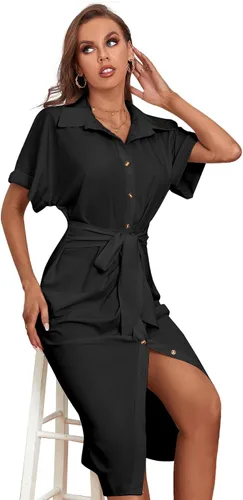 Vista 5 de LYANER Vestido midi de manga corta con cuello y botones para mujer