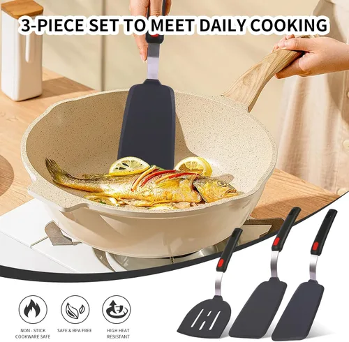 Vista 4 de Juego de espátulas de silicona grandes y delgadas, resistentes al calor, 600 ° F, utensilios de cocina flexibles ranurados para utensilios de cocina