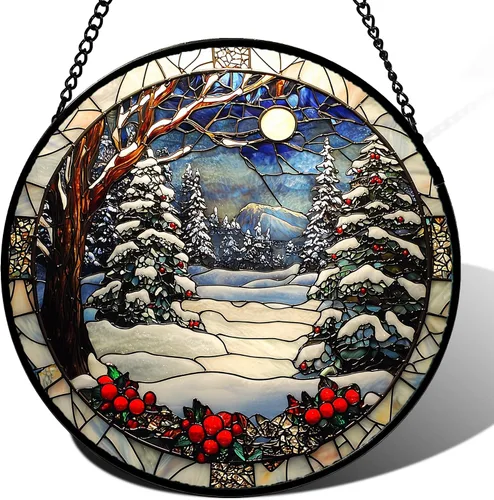 Vista 9 de DASTOLL Conjunto de 4 Piezas de Vidriera Manchada para Colgar en Ventanas Azul Océano con Árbol de Coco 16 cm - Atrapasoles para Puerta, Jardín
