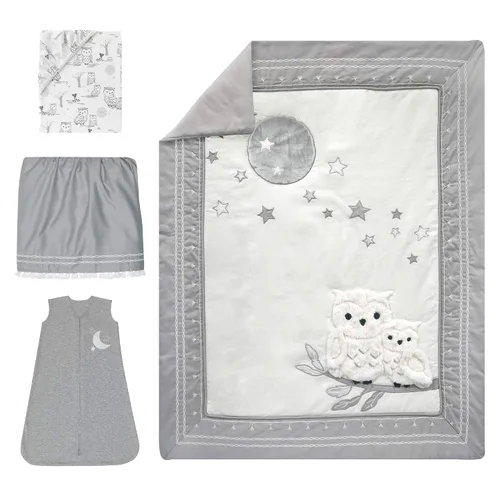Vista 2 de Lambs & Ivy Luna - Juego de ropa de cama para cuna de bebé de 4 piezas, color blanco y gris (740004V)