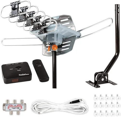 Vista 9 de Antena de TV para exteriores Five Star HDTV de 150 millas de largo alcance – Antena de TV giratoria de 360° con amplificador, salida de TV dual