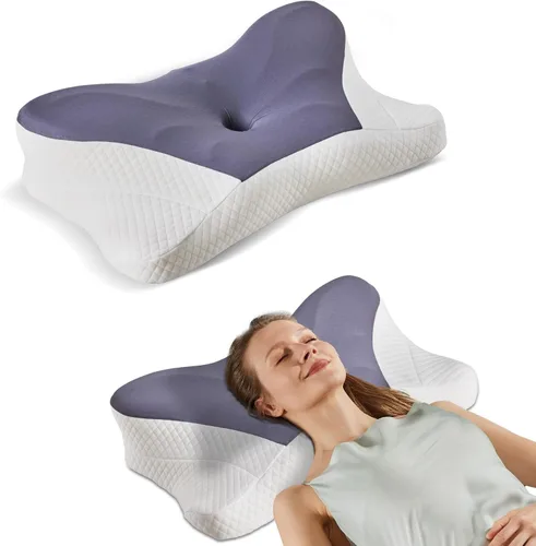 Vista 13 de OLIXIS Almohada cervical de contorno para aliviar el dolor de cuello, ergonómica de doble altura Azul