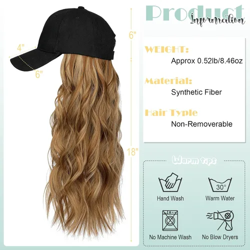 Vista 4 de Peluca de gorra de béisbol para mujer, gorra de béisbol con extensiones de cabello, gorra ajustable adjunta de 24 pulgadas de largo, ondulada