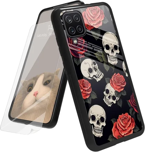 Vista 82 de Funda para Samsung Galaxy A12 5G con protector de pantalla, parte trasera de vidrio templado + TPU de silicona suave que absorbe los golpes