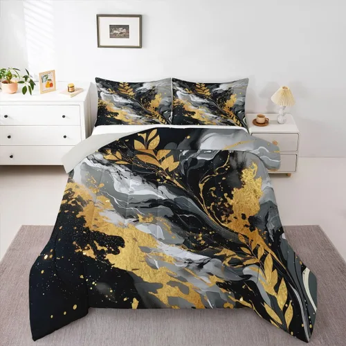 Vista 33 de Feelyou Juego de edredón abstracto para todas las estaciones, juego de ropa de cama negro y azul con 1 funda de almohada con estampado de mármol