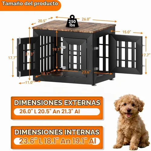 Vista 3 de Snuowu Mueble de jaula de perro resistente de 26 pulgadas para perros pequeños, medianos y grandes, jaula de madera rústica para perros, muebles