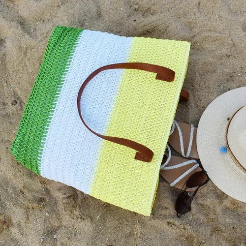 Vista 33 de Bolso grande de paja para mujer, tejido de ratán, bolso de playa de verano, a rayas