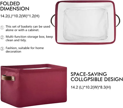 Vista 2 de Cesta de almacenamiento plegable de color rojo burdeos para estantes, plegable, impermeable, resistente, de tela, con asas, cubo de almacenamiento
