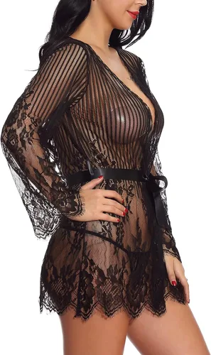 Vista 6 de RHWHOGLL Lencería sexy para mujer para sexo travieso encaje de malla pijama babydoll vestido de satén camisón camisón de satén 100