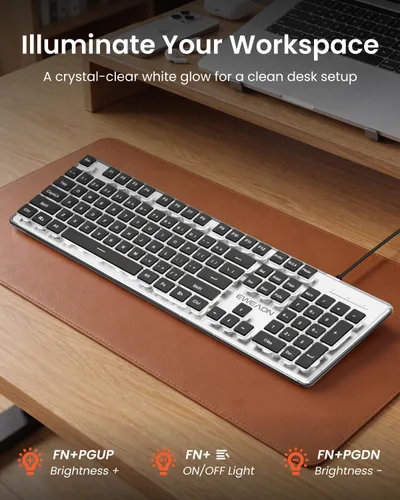 Vista 4 de SEUNKWANG EWEADN GX710S - Teclados retroiluminados para computadora, teclado USB con cable con retroiluminación blanca, panel de metal, Plug and