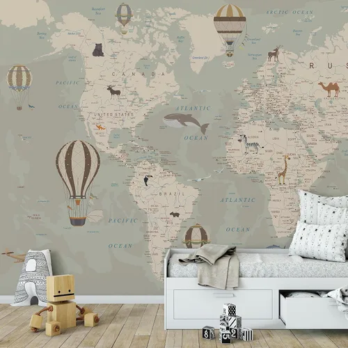 Vista 14 de Papel tapiz de mapa del mundo para niños con animales, calcomanías educativas para despegar y pegar, murales de guardería para bebés, niños