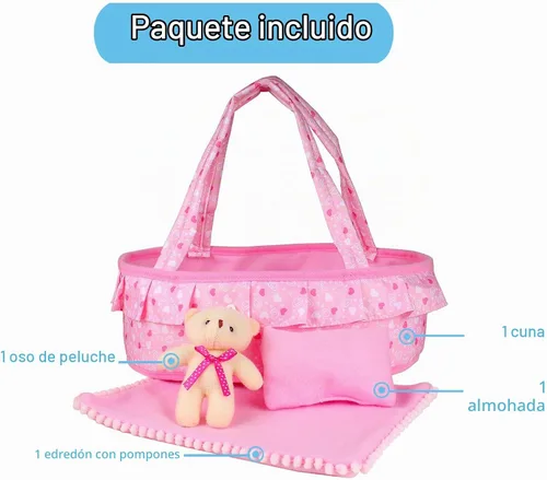 Vista 6 de Cuna de cuna portátil para muñeca de bebé, bolsa de transporte para muñecas, juego de accesorios para muñecas, oso acolchado suave para muñeca