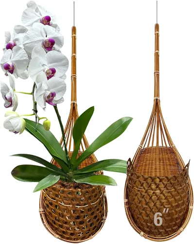 Vista 8 de cesta colgante de orquídea hecha a mano 100% de bambú tailandés – 4 pulgadas, juego de 3