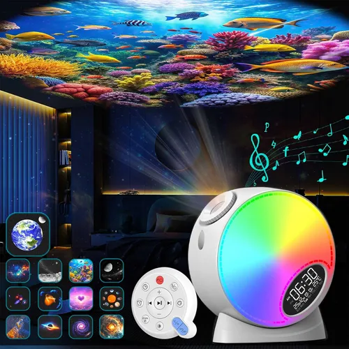 Vista 8 de Proyector Galaxy Pro para dormitorio, proyector de estrellas planetario 13 en 1, luz nocturna con temporizador y ruido blanco, control remoto, reloj