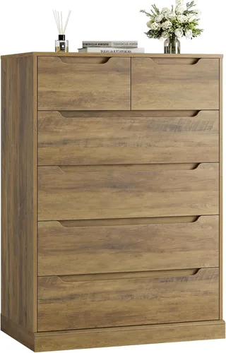 Vista 8 de HOSTACK Cómoda moderna de 6 cajones para dormitorio, cómoda alta con almacenamiento, organizadores de cofre grande de almacenamiento de madera