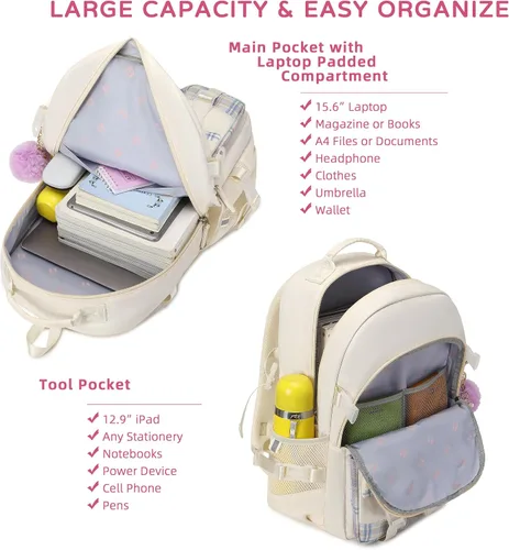 Vista 7 de Mochila para niñas de 15.6 pulgadas para laptop, bolsa escolar para niños de primaria y universidad, mochilas y bolsos escolares para niñas Beige