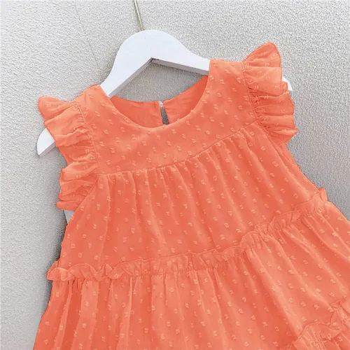 Vista 3 de AGQT Vestido de fiesta plisado con volantes de manga corta para niñas pequeñas, diseño de lunares suizos, con vuelo, talla 1-6T