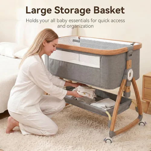 Vista 4 de Bedside Bassinet, Baby Rocking Crib with Adjustable Height, Grey