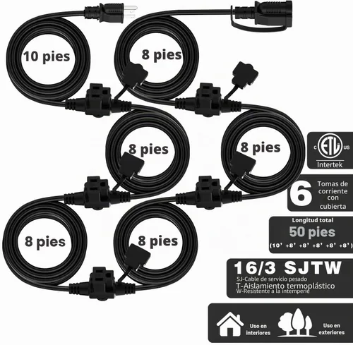 Vista 2 de K KASONIC - Cable de extensión para exteriores de 50 pies, enchufes con 6 tomas espaciados uniformemente, 16/3 SJTW resistente a la intemperie