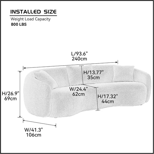 Vista 2 de Moderno sofá curvado de 4 asientos en tela transpirable 93.6 pulgadas de ancho elegante sofá de sala de estar con marco de madera maciza