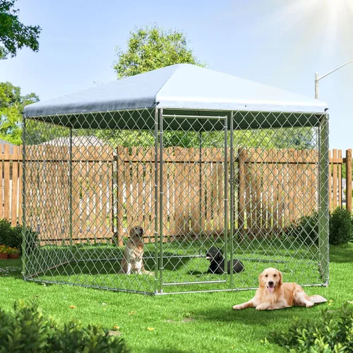 Vista 8 de Polar Aurora Perrera para perros al aire libre con techo, jaula grande para perros en el exterior con puerta de metal, perrera resistente
