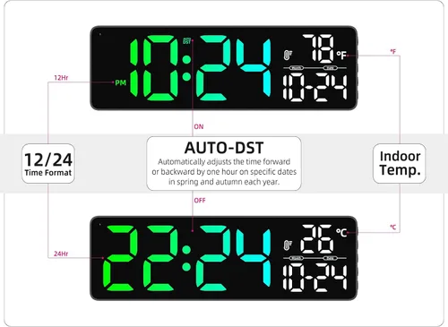 Vista 5 de Reloj de pared digital LED grande con fecha, temperatura, brillo automático, DST automático Gran reloj digital para dormitorio, escritorio, aula
