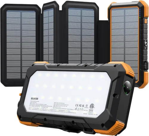 Vista 9 de BLAVOR Banco de energía solar 20,000mAh cargador portátil con 4 paneles Anaranjado encendido