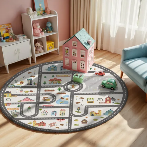 Vista 14 de Alfombra de Juego Redonda de 3.3 pies para Niños con Carreteras de la Ciudad - Alfombra de Lana Sintética Antideslizante con Diseño Interactivo