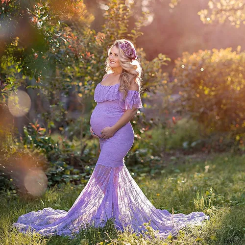 Vista 2 de Vestido de maternidad con volantes y hombros descubiertos para mujer, para fotografía, baby shower, vestido de sirena floral para sesión de fotos