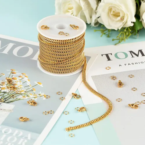 Vista 6 de YOUBEIYEE Cadenas de acero inoxidable de 16.4 pies para hacer joyas, rollo de cadena cubana chapado en oro con cierre de langosta para pulseras Oro