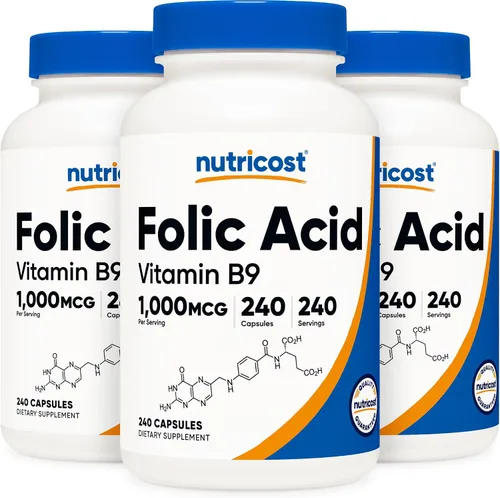 Vista 9 de Nutricost ácido fólico (Vitamina B9) 1000 mcg, 240 Cápsulas, 1 botella, 1