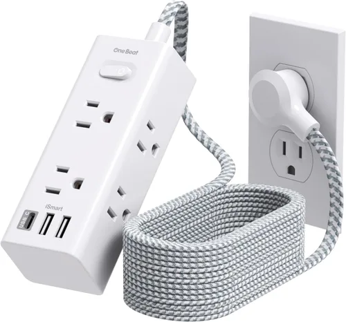 Vista 15 de One Beat Cable de extensión corto de 1 pie, regleta de alimentación de enchufe plano, 6 salidas amplias con 3 puertos USB (1 USB C), regleta