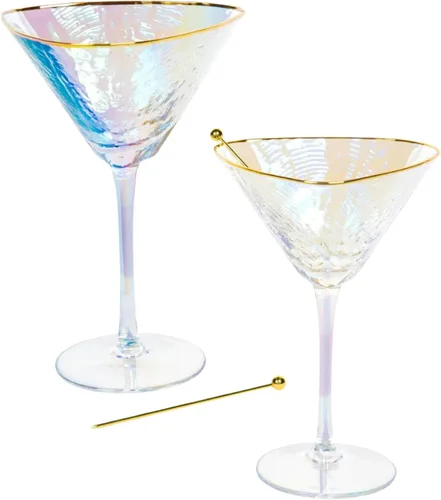 Vista 11 de Sisterly Drinkware - Juego de 2 vasos de Martini martillados transparentes – Vasos de cóctel hechos a mano con borde dorado con 2 púas chapadas