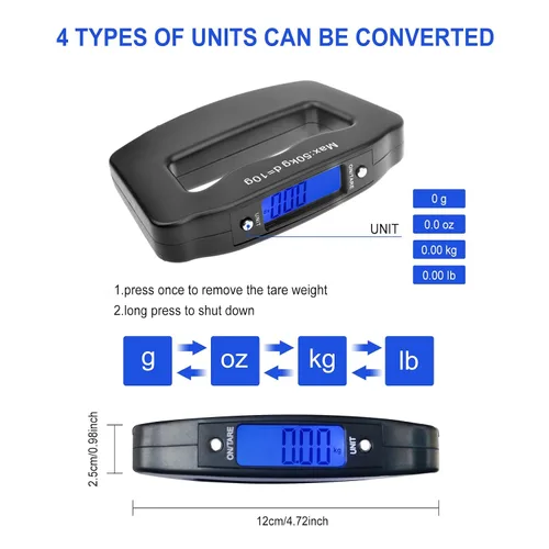 Vista 3 de Báscula digital de equipaje báscula colgante con pantalla LCD retroiluminada, función de tara de hasta 110 libras 110.2 lbs, báscula de equipaje